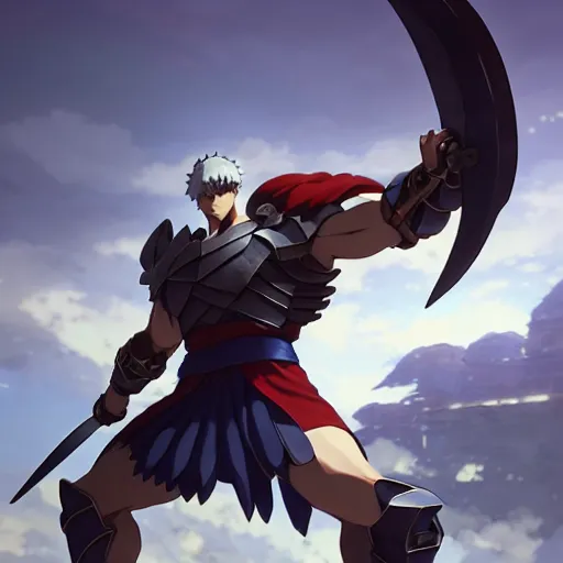 Image similar to strong muscular warrior with a greatsword and wearing plate armor, square masculine facial features, short messy hair, intimidating appearance, 3 d octane render, unreal engine 5, ultra high detail, cel shaded, trending on pixiv fanbox, by greg rutkowski makoto shinkai takashi takeuchi studio ghibli, akihiko yoshida