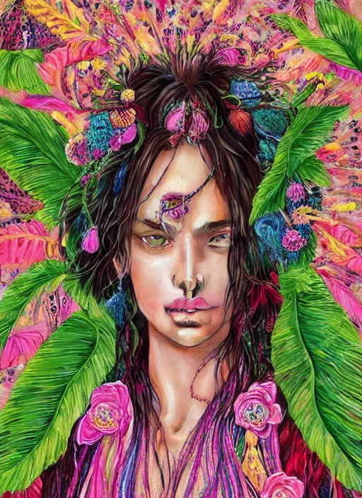 Image similar to beautiful portrait of Irina Shayk wearing fantastic Hand-dyed cotton dress,embellished beaded feather decorative fringe knots ,colorful pigtail,subtropical flowers and plants,symmetrical face,intricate,elegant,highly detailed,8k,post-processing,digital painting,trending on pinterest, GUCCI,vogue,concept art, sharp focus, illustration, by artgerm,Tom Bagshaw,Lawrence Alma-Tadema,greg rutkowski,alphonse Mucha