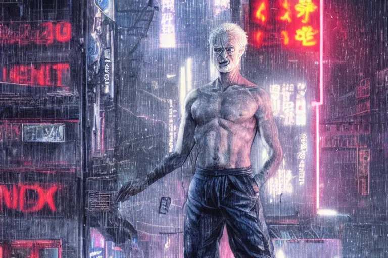 Image similar to roy batty with a bare torso sits in the lotus position with his head bowed in the rain on the roof of a building in the cyberpunk future, around neon signs, a little haze, night, realistic proportions, anime style ghost in armor