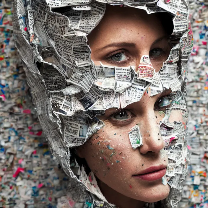 Prompt: closeup portrait of a woman with a hood made of newspaper and confetti, standing in a haunted abandoned house, by Annie Leibovitz and Steve McCurry, natural light, detailed face, CANON Eos C300, ƒ1.8, 35mm, 8K, medium-format print