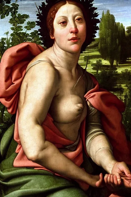 Image similar to renaissance painting of elder in the garden, closeup, short silver hair, face with scars, emotions closeup, dressed in roman armour, the beautiful garden with larch leaves everywhere, ultra detailed, art by Guido Reni style, Vincenzo Catena style