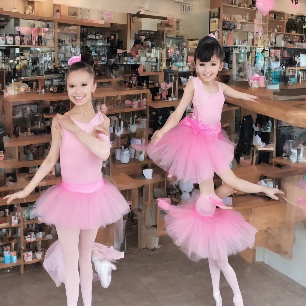 Prompt: a cute anime ballerina in a boba shop