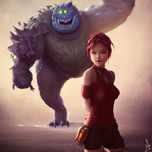 Image similar to a monster tamer and her tamed monster , made by Stanley Artgerm Lau, WLOP, Rossdraws, ArtStation, CGSociety, concept art, cgsociety, octane render, trending on artstation, artstationHD, artstationHQ, unreal engine, 4k, 8k,