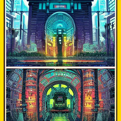 Prompt: cyberpunk portal to a beautiful palace by dan mumford