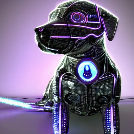 Image similar to cybernetic puppy, led lights, wires, hyperdetailed, hyperrealistic, reflections, futuristic, highly detailed, trending on artstation HQ, 4k, UHD