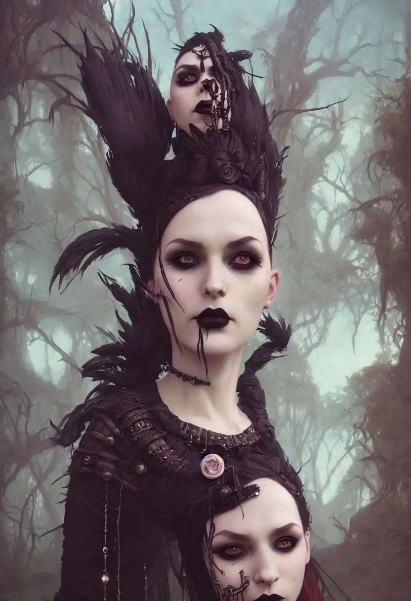 Image similar to beautiful very extreme closeup portrait, goth girl, piercings collar, mohawk hairstyle, medieval dress. witch, makeup. unreal engine, greg rutkowski, loish, rhads, beeple, tom bagshaw, alphonse mucha, global illumination, detailed and intricate environment