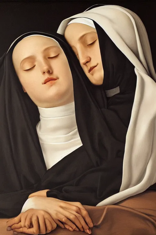 Prompt: hyperrealism portrait of two young beautiful nun sleeping, wearing hyper detailed black clothes, dark background, in style of classicism