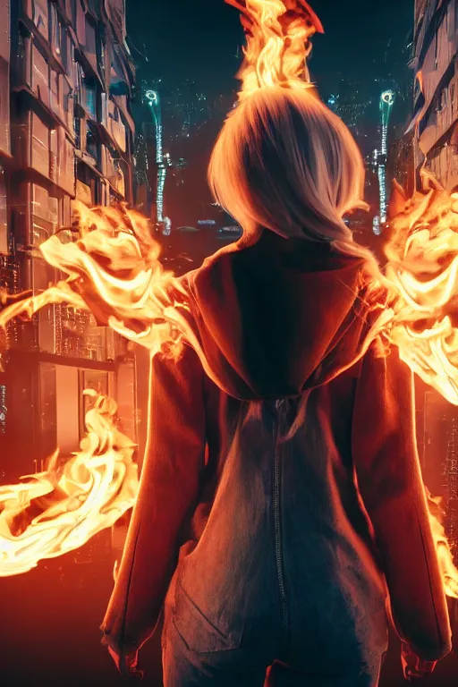 Image similar to beautiful young blonde woman from behind with flames dancing on her hands with a long jacket in a cyberpunk city, realistic, high definition, 4K, shimmering color, art of invincible