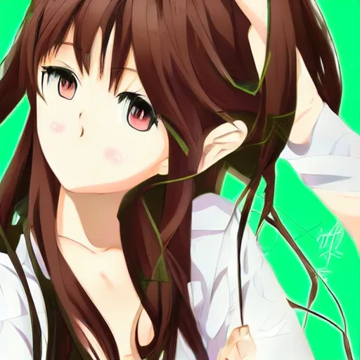 Image similar to key anime visual of a beautiful girl with brown hair and green eyes, trending on Pixiv; detailed