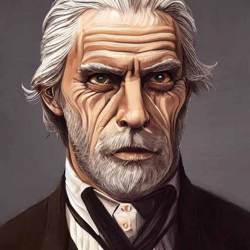 Image similar to old greying flowing hair handsome man with high collar fantasy, symmetrical beautiful, portrait, painting, trending on artstation