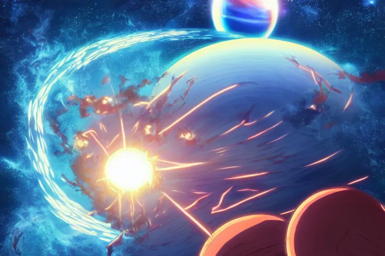 Image similar to Tonemapped Anime character splitting a gas giant in half like Moses with the Red Sea, while a pack of Space whales fly through an interdimensional rift! in the background by (Hiromu Arakawa), Makoto Shinkai and (Cain Kuga)