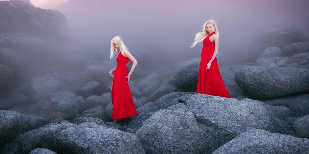 Image similar to a blonde teenage girl in a floor length red dress stands amidst a rocky landscape lit by an eerie blue light surrounded by mist