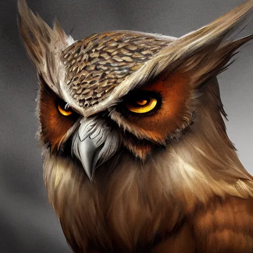 Prompt: d & d concept character art of owlfolk, headshot, high detail, matte painting, digital art, dramatic lighting