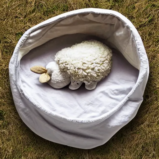 Image similar to 3d diorama of a cute sheep sleeping in a bed covered in quilts while it rains outside