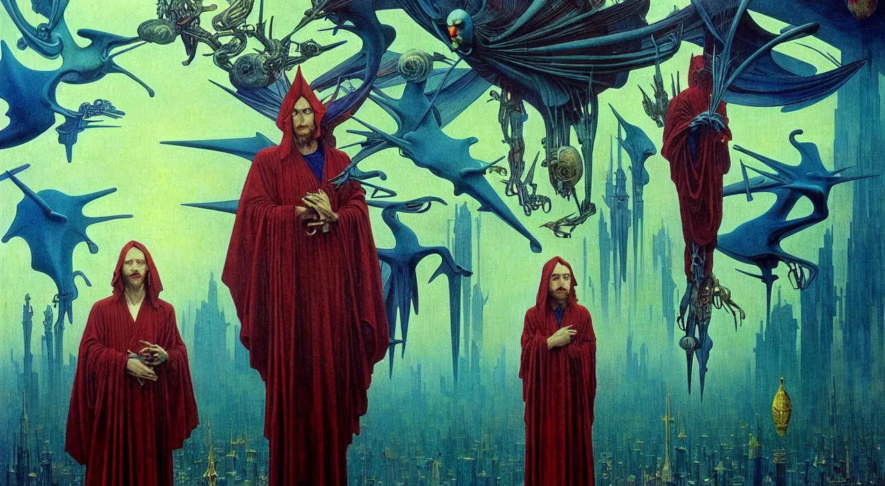 Image similar to realistic detailed portrait movie shot of a birdman wearing dark robes, sci fi city landscape background by denis villeneuve, amano, yves tanguy, alphonse mucha, ernst haeckel, max ernst, roger dean, masterpiece, rich moody colours, blue eyes, occult