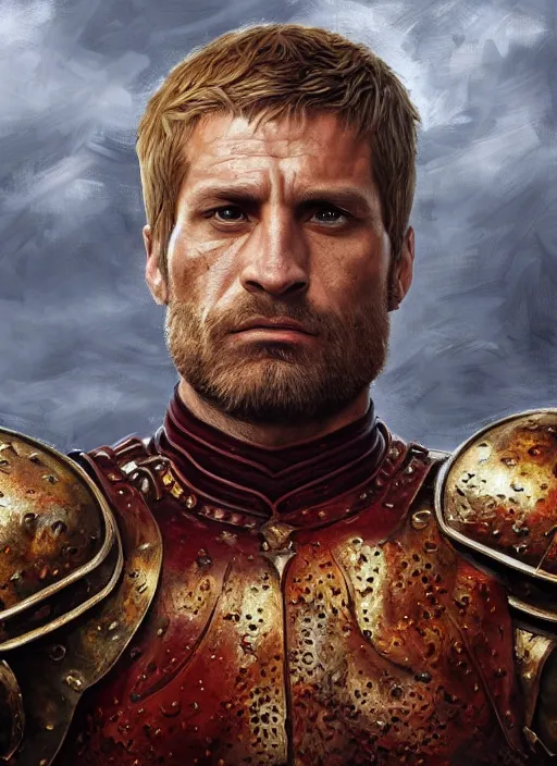 Image similar to highly detailed oil painting, masterpiece portrait warrior guard male lannister, fantasy character portrait, dynamic pose, above view, top lighting, realistic shaded, perfect face, 8 k realistic, hyper detailed, digital painting, artstation, concept art, hyper detailed eyes, cinematic lighting, dynamic pose, above view, perfect eyes