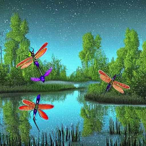 Prompt: A cottagecore digital art of a variety of dragonflies in a firefly-lit swamp