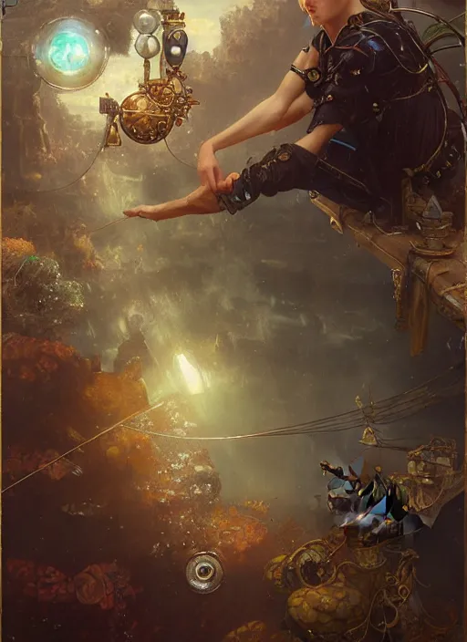 Image similar to hyper realistic fisherman, birds eye view, magical, gems, jewels, gold, steampunk, cyberpunk utopia, painted by tom bagshaw, mucha, gaston bussiere, craig mullins, j. c. leyendecker 8 k