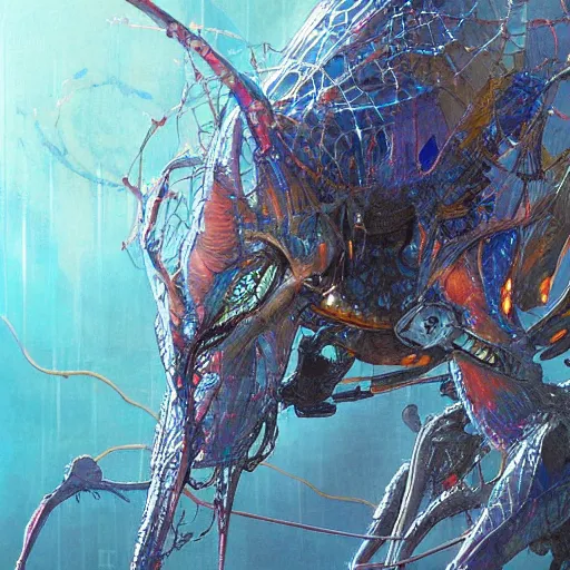 Image similar to a simple concept art portrait of a predatory robotic species. an award winning yoshitaka amano digital art poster color painting. a masterpiece by james gurney. poster colour on canvas.