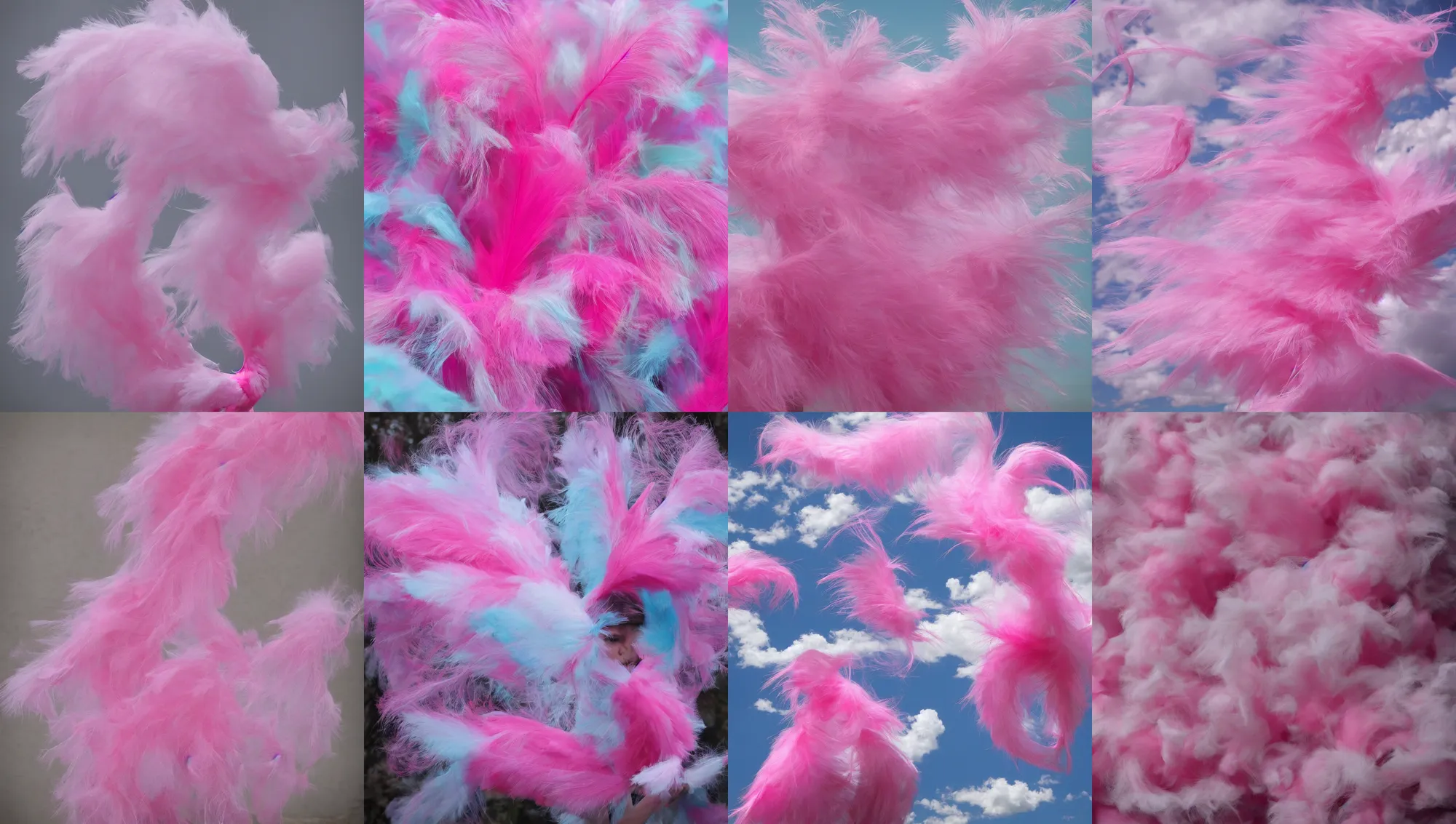 Prompt: pink, feathers, cotton candy, windy, wisps, wlop