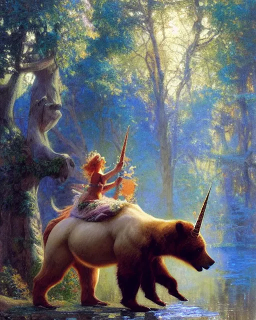 Image similar to unicorn versus bear, enchanted forest, painting by gaston bussiere, craig mullins, j. c. leyendecker