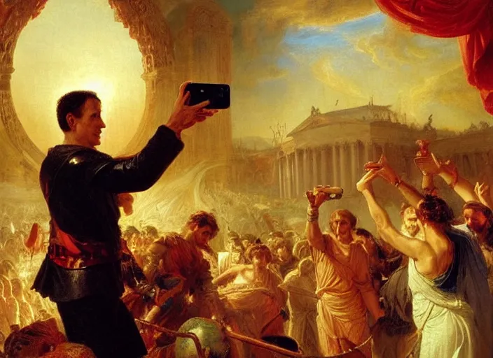 Prompt: julius caesar taking a selfie as rome burns behind him by thomas cole and vladimir volegov and alexander averin and pierre auguste cot and delphin enjolras
