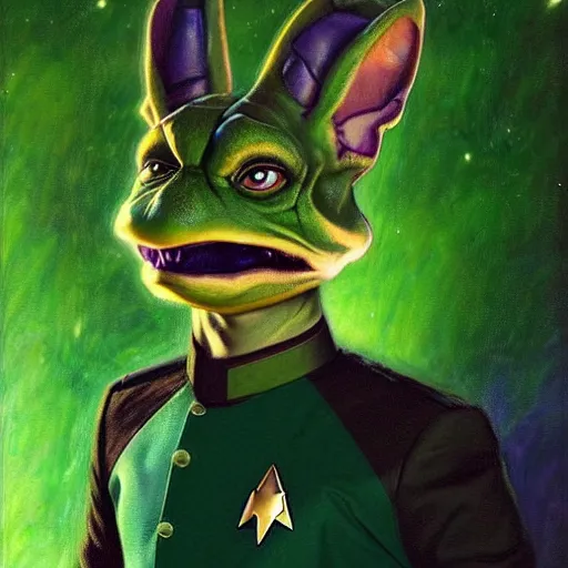 Prompt: a portrait of a male green reptile in star trek uniform at night in a dark forest. zootopia fursona furaffinity detailed face painting by gaston bussiere craig mullins jc leyendecker gustav klimt artgerm greg rutkowski