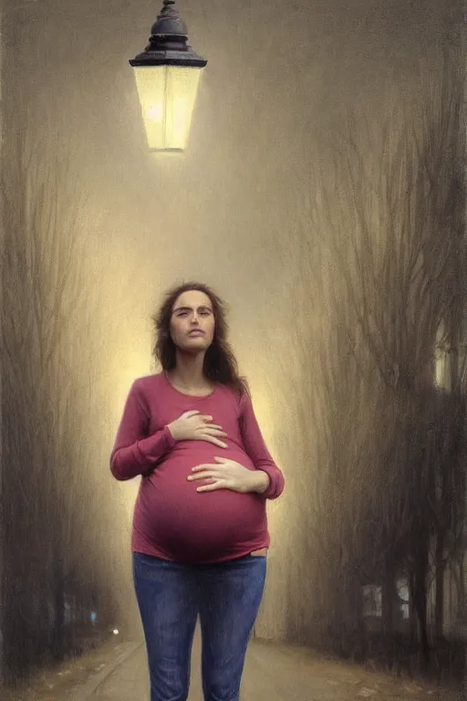 Image similar to pregnant woman under street light, jeans and sweater, by Alyssa Monks, Bouguereau