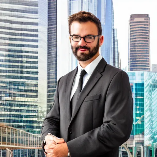 Image similar to portrait photograph of duck in a business suit, award winning, well presented, out of focus cityscape in the background