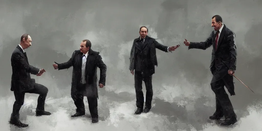 Image similar to picture vladimir putin play with serghei lavrov as a puppet marionete, painting by greg rutkowski