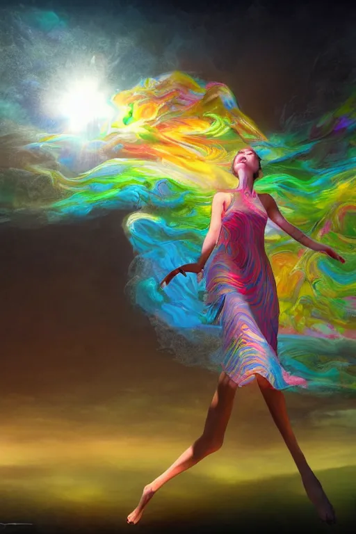 Image similar to overdetailed maximalist fullbody portrait of a beautiful female energy being transcending to her true form while floating over a surreal landscape. Made by oozium, inspired by silvio vieira, overpainted by loish. 8k 3d realistic render. Bright, sacred, spiritual, dawn, backlit, calm, relaxed, dynamic, ethereal, arcane, intricate, mysterious, dramatic, cinematic. Seen from below overpainted by erica robin and cameron gray