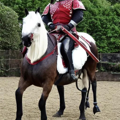 Prompt: Boris Johnson riding a horse with armour and a sword, photo