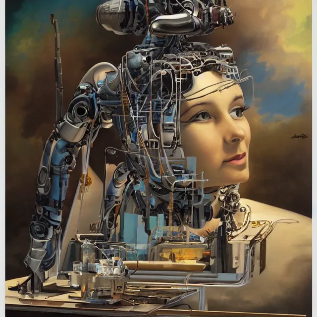 Prompt: robot artist painting a self - portrait on a canvas. intricate, highly detailed, digital matte painting in the style of alberto vargas and in the style of chris foss. irony, recursion, inspiration.