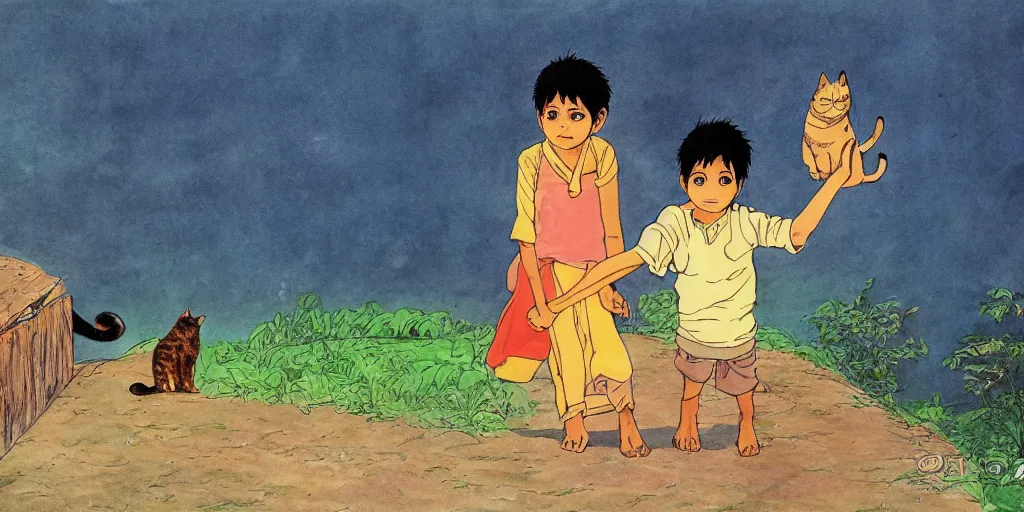 Image similar to sri lankan kid and cat, drawn by hayao miyazaki