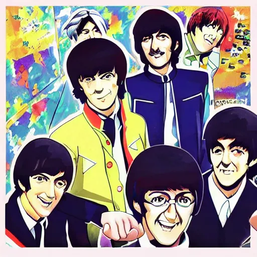 Prompt: the beatles as gundam fighters, anime, vivid colors