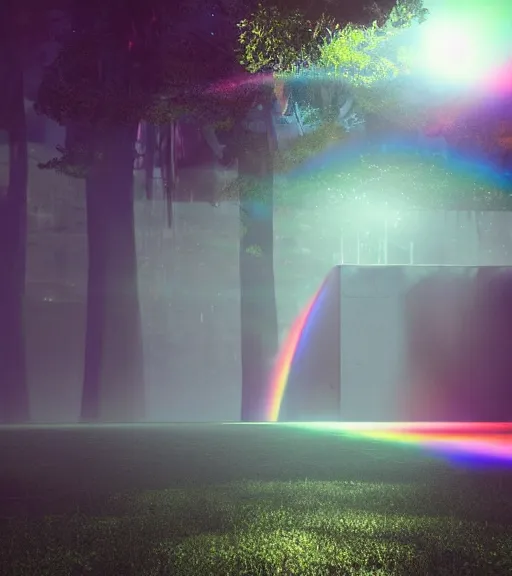 Image similar to symmetric drop daydreaming of the god of sun glare, fluid dance of the virtual space, big cotton sheets in the center of the air, cyberpunk forest, majestic light, octane render, beauty fog, ethereal glare of the sun, raining rainbow, volumetric lighting, hyperealistic, epic, masterpiece