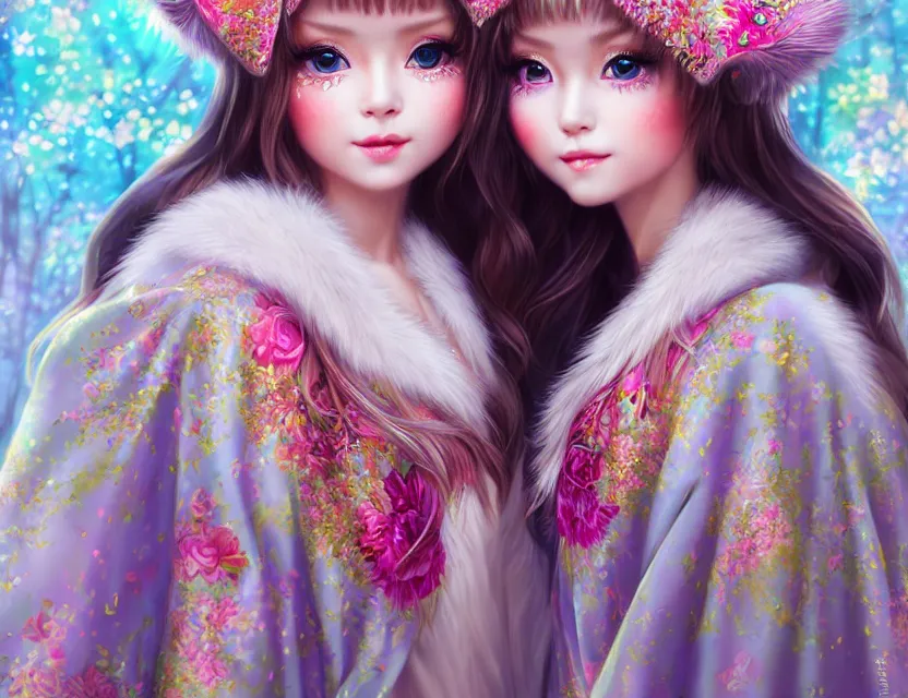 Image similar to two beautiful fashion siberian girls wear fantasy kimono in festival | | big eyes, sunny, dreamlike art, realistic shaded, smile, good looking, hyper details, 4 k realistic, cryengine, realistic shaded lighting poster by artgerm, ross tran, fuji choko, loish, 8 k resolution, trending on artstation, luxury