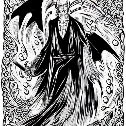 Image similar to black and white pen and ink!!!!!!! Twin Peaks Black Lodge goetic vampire handsome man golden!!!! Vagabond!!!! floating magic swordsman!!!! glides through a beautiful!!!!!!! liquid magic floral crystal battlefield dramatic esoteric!!!!!! Long hair flowing dancing illustrated in high detail!!!!!!!! by Moebius and Hiroya Oku!!!!!!!!! graphic novel published on 2049 award winning!!!! full body portrait!!!!! action exposition manga panel black and white Shonen Jump issue by David Lynch eraserhead and beautiful line art Hirohiko Araki!! Rossetti, Millais, Mucha, Jojo's Bizzare Adventure