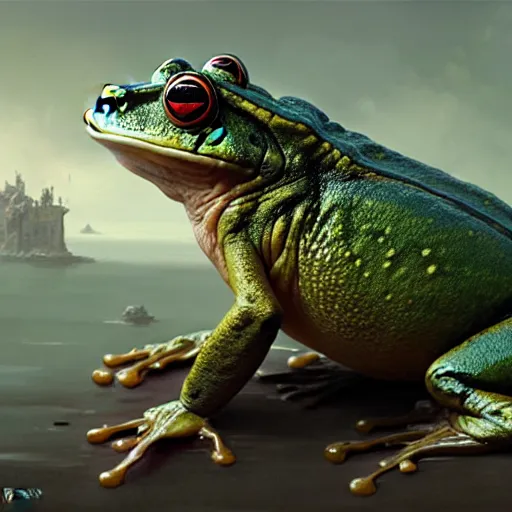 Image similar to giant frog with a canon on his back, by greg rutkowski, 8k high quality, hd, matte painting
