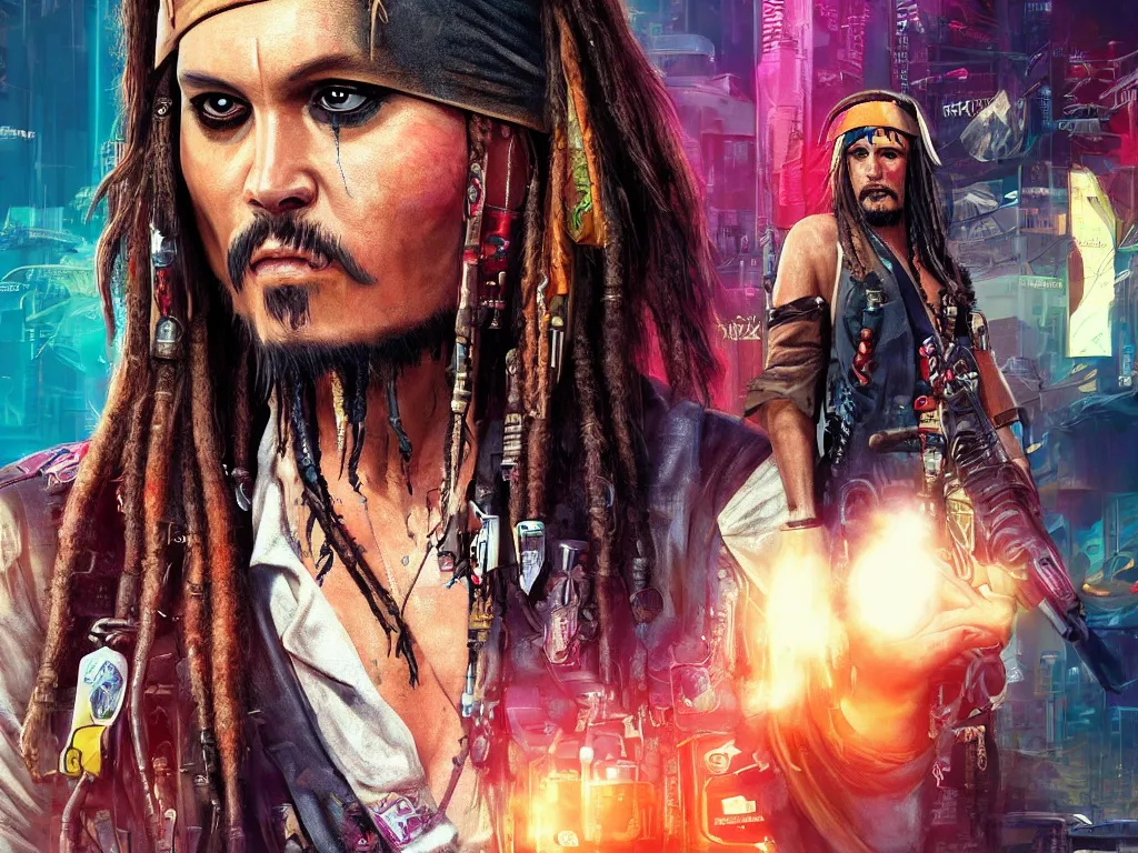 Image similar to jack sparrow in the game of cyberpunk 2 0 7 7, portrait, focus, 3 d illustration, sharp, intricate, poster