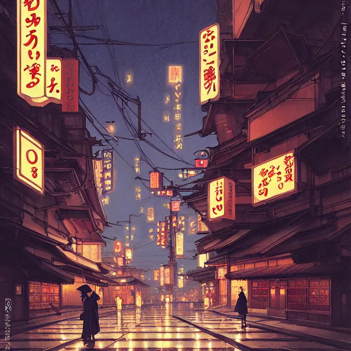 Image similar to empty tokyo at night, winter, in the style of studio ghibli, j. c. leyendecker, greg rutkowski, artem