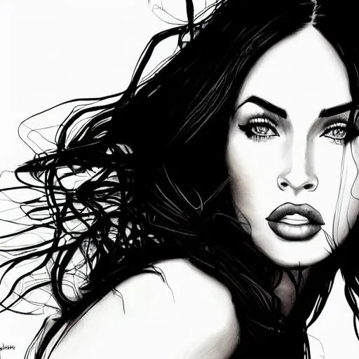 Image similar to “Megan Fox, portrait!!! Portrait based on doodles, scribbled lines, sketch by Liz Y Ahmet, monochrome, concept Art, million lines, white background, ultra detailed portrait, 4k resolution”