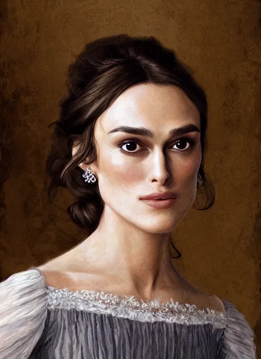 Prompt: a photograpic portrait of Keira Knightley, pride and prejudice, realistic, with kind face, dark hair, georgian dress, intricate, elegant, highly detailed, digital painting, smooth, sharp focus