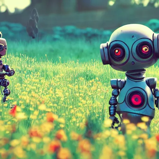 Image similar to robot with little girl collect flowers in the field, steampunk, cyberpunk, 4k, hyperrealistic, focused, high detail, unreal engine 5, cinematic