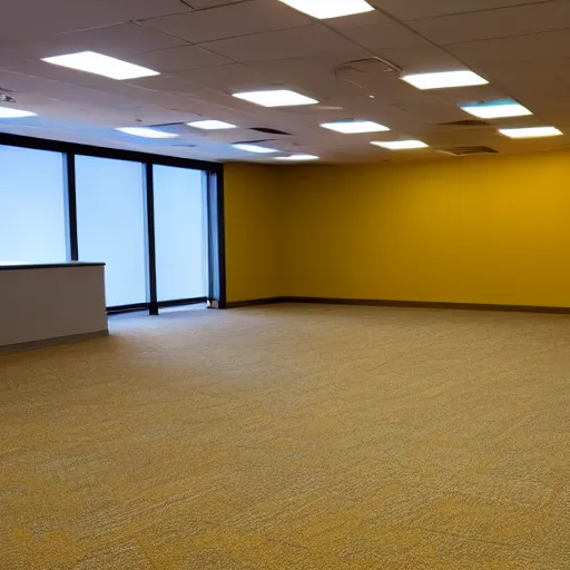 Image similar to empty 9 0 s office building with no windows doors or furniture. the building has brown carpet and yellow wallpaper