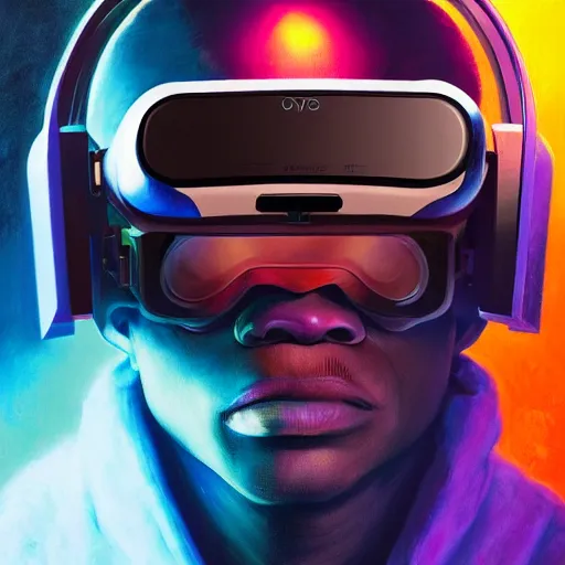 Prompt: vibrant portrait of hooded afro cyberpunk hero with Oculus VR headset with an oxygen tank on the art deco streets of the big city, award-winning realistic sci-fi concept art by Jim Burns and Greg Rutkowski, Picasso, Beksinski, masterpiece, complimentary colors, James Gilleard, Bruegel, artstation