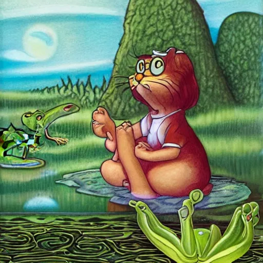 Image similar to garfield by h. p. lovecraft natural, ordered. print. a young girl is sitting on the edge of a pond, with her feet in the water. she is looking at a frog that is sitting on a lily pad in the pond.