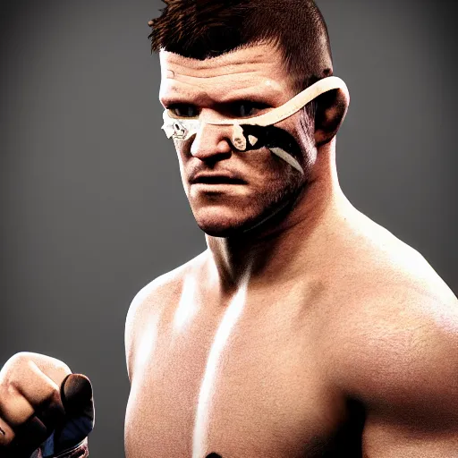 Image similar to character screenshot of ufc commentator michael bisping with an eye patch, npc talking, skyrim, wilderness, 1 0 8 0 p, bokeh, elder scrolls v, detailed, dialog text