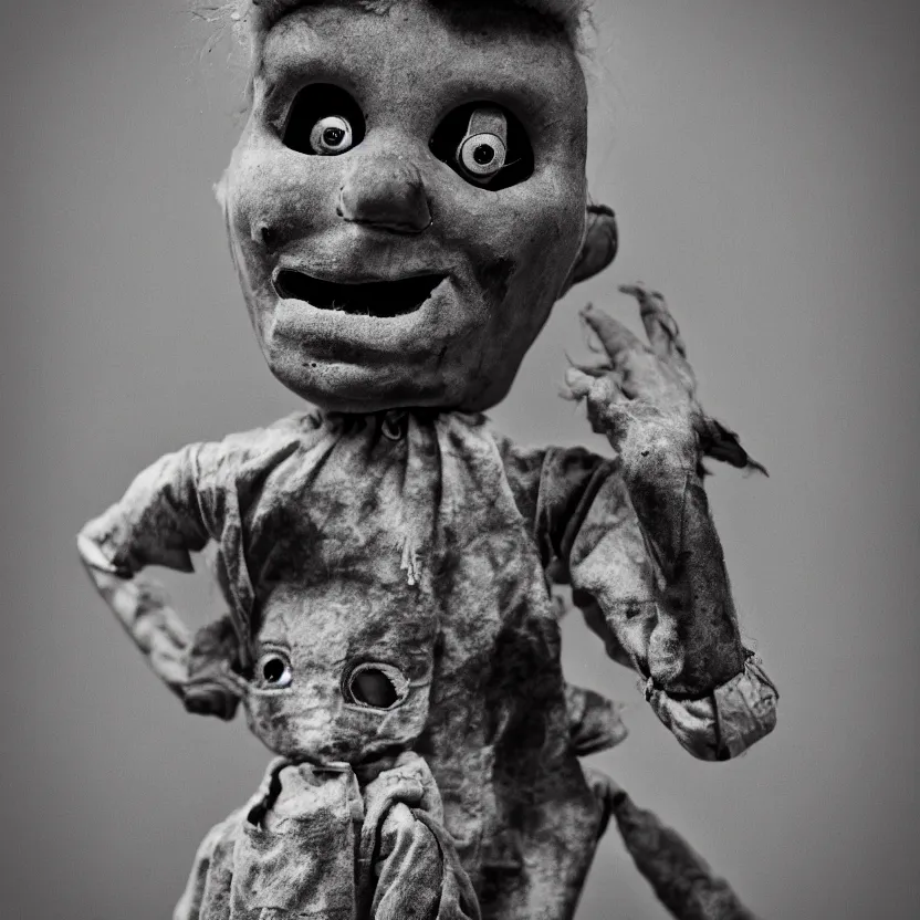 Image similar to creepy ventriloquist dummy in the style of roger ballen, 4 k, bw, portrait