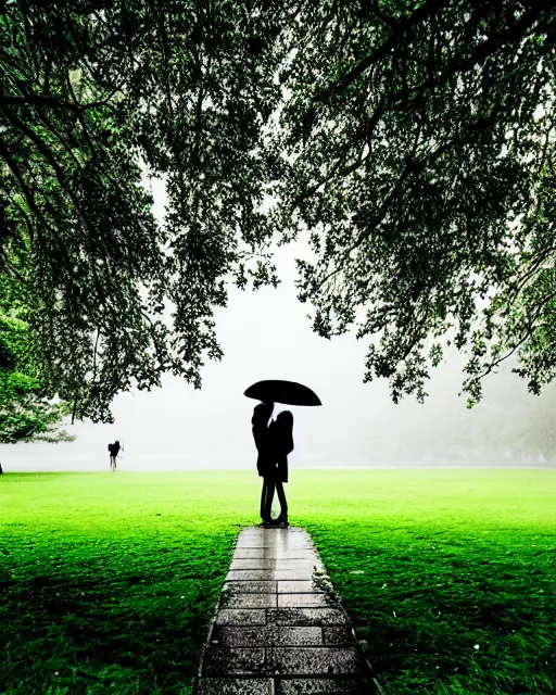 Image similar to raindrops, rain, square, park, lake, man and woman under a black umbrella, trees, kiss, paths, lake.